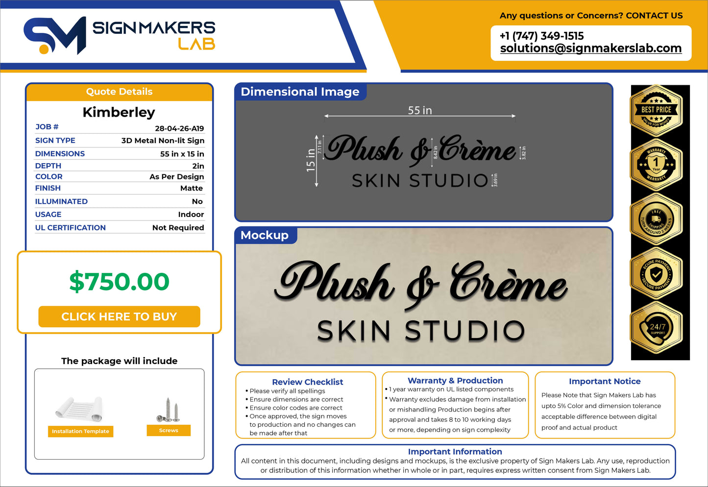 Plush & Crème Skin Studio 3D Metal Non-lit Sign