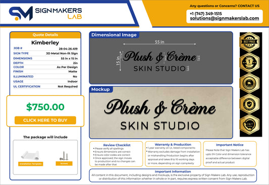 Plush & Crème Skin Studio 3D Metal Non-lit Sign