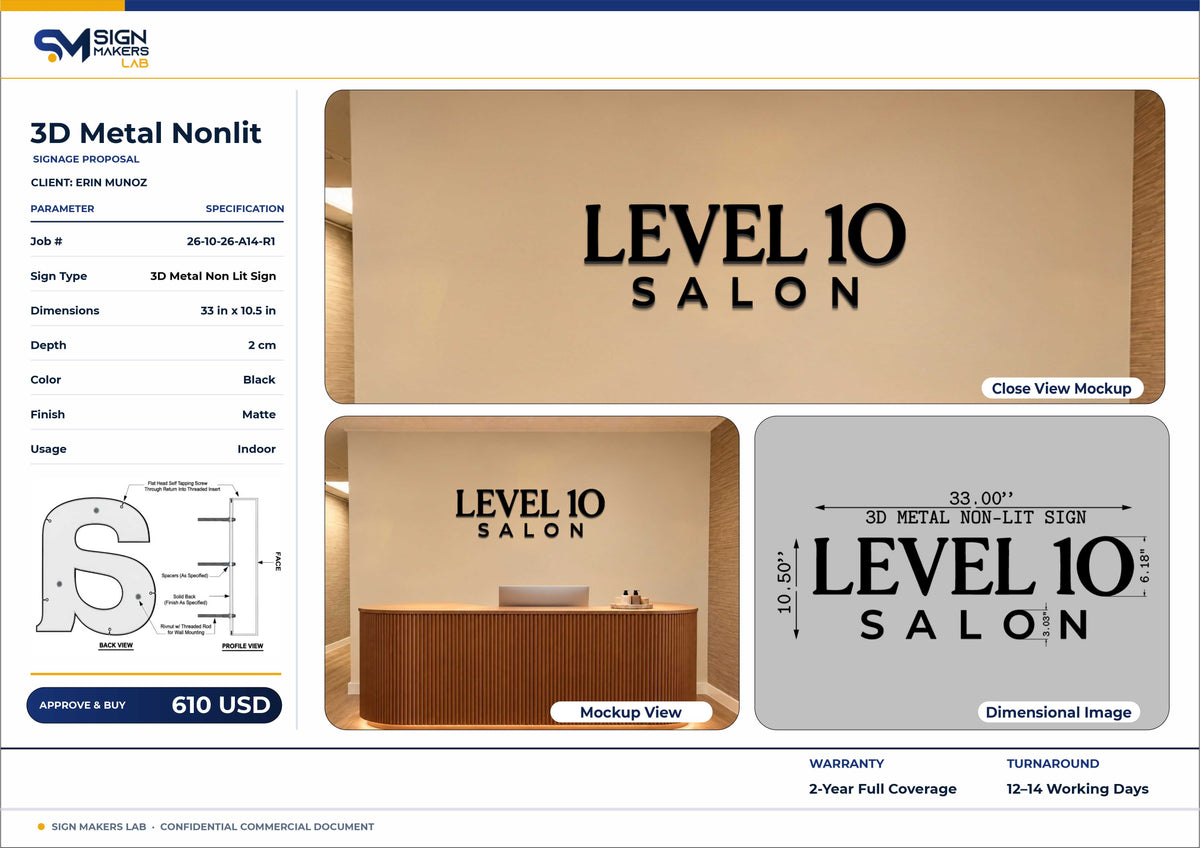 Level 10 Salon Metal Non-lit Letters