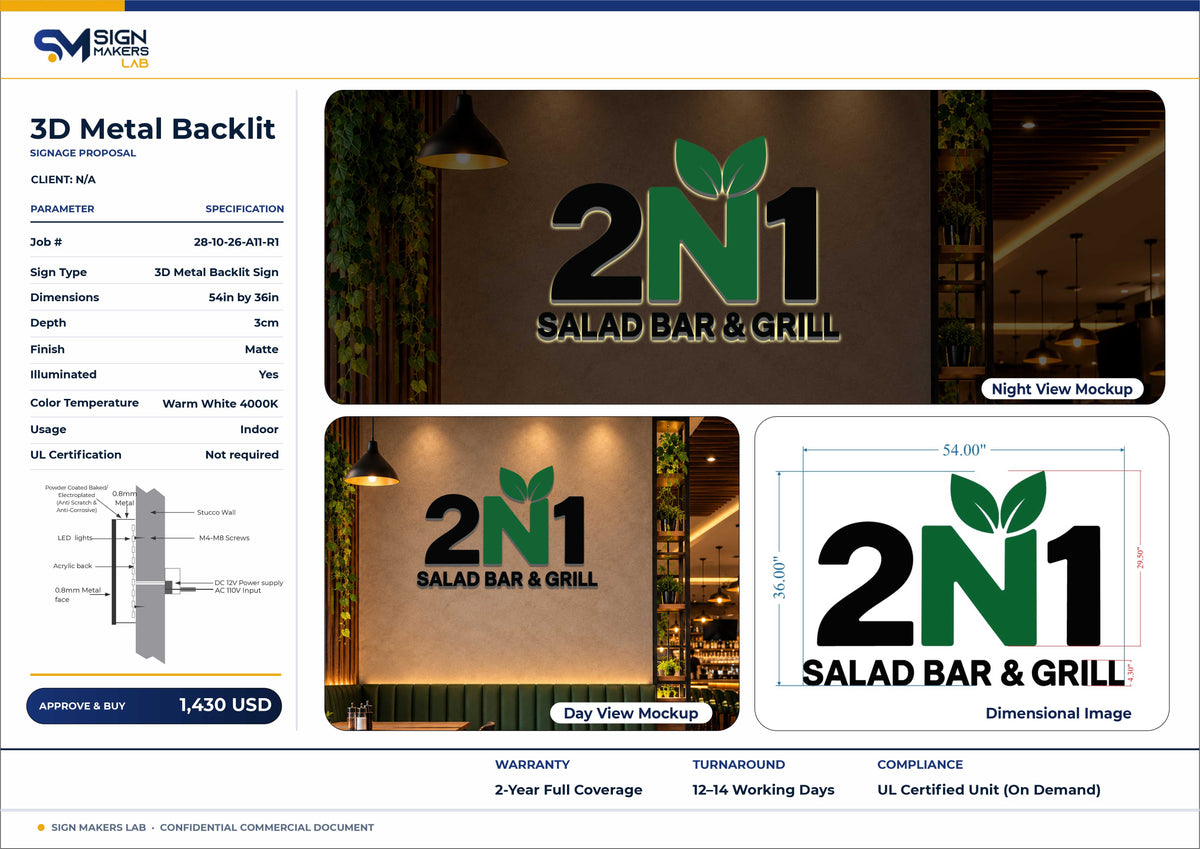 2N1 Salad Bar & Grill Metal Backlit Sign