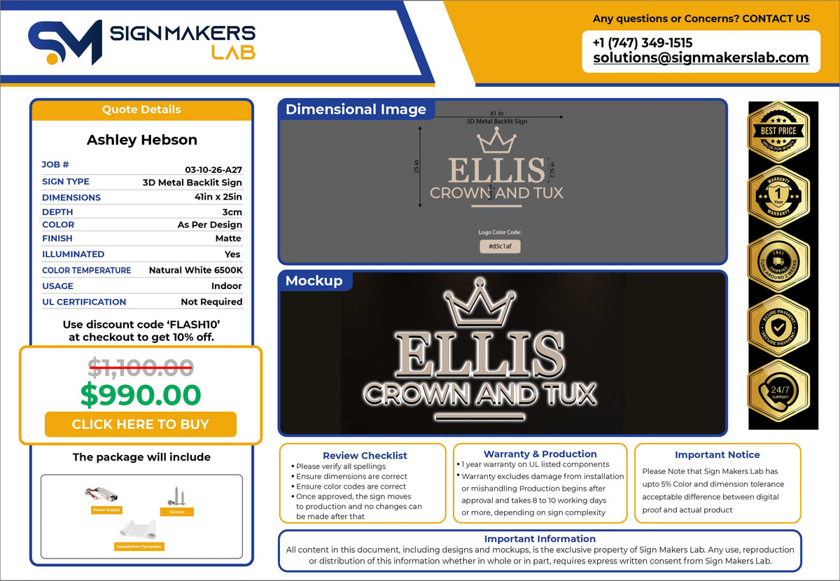 Ellis Crown And Tux Metal Backlit Sign