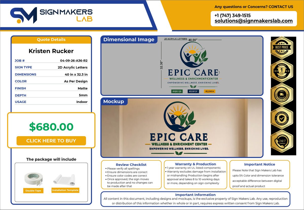 Epic Care Wellness & Enrichment Center Acrylic Letter Sign