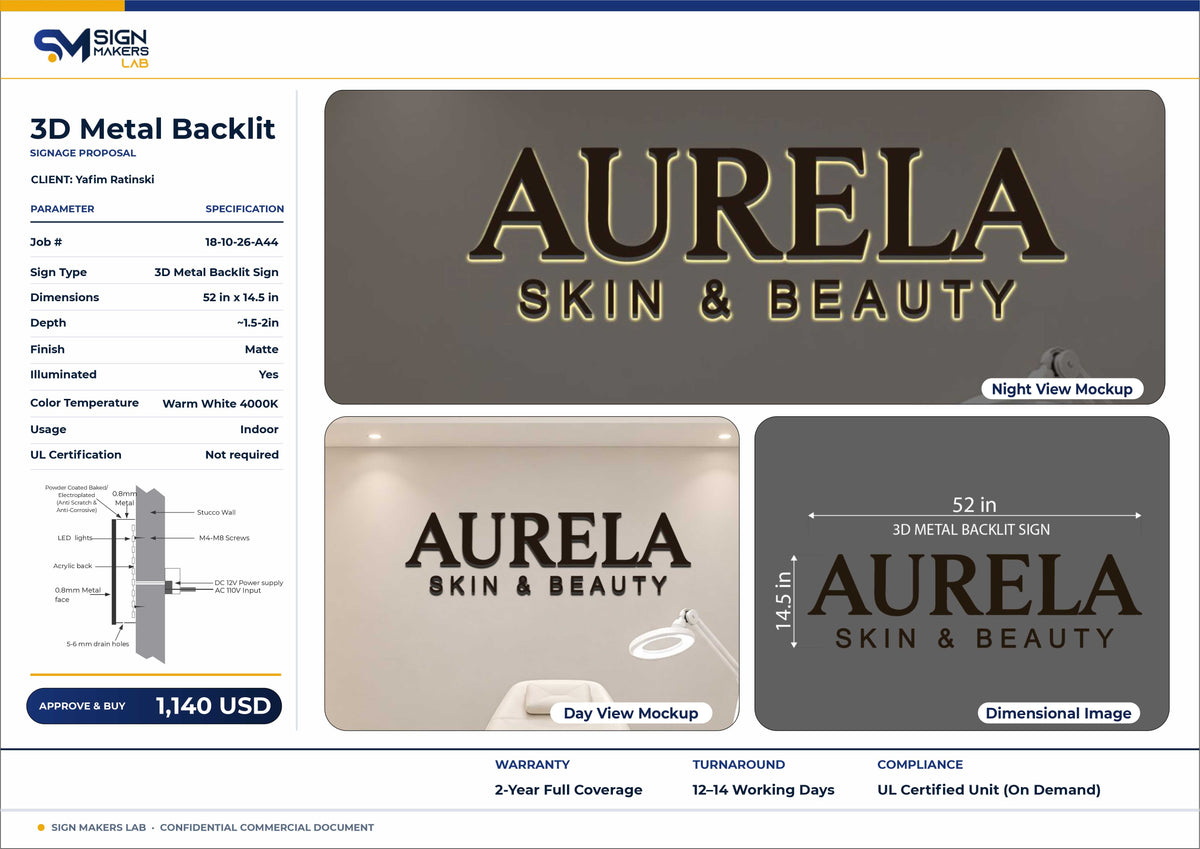 Aurela Beauty Metal Backlit Sign