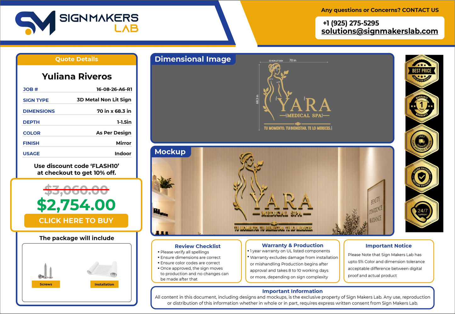 Yara Medical Spa 3D Metal Non-lit Sign