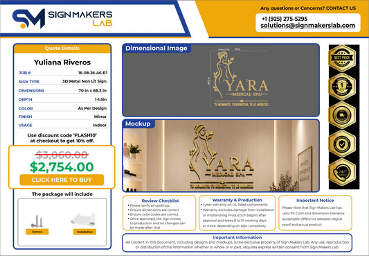 Yara Medical Spa 3D Metal Non-lit Sign