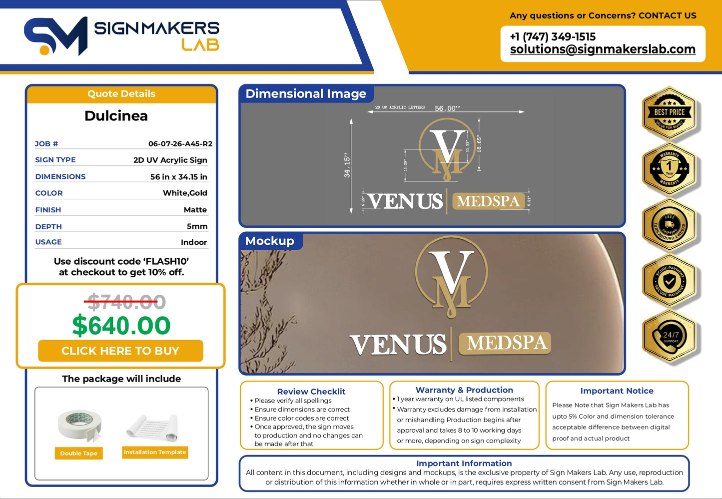 2D Acrylic Letters-Venus MedSpa-White & Gold