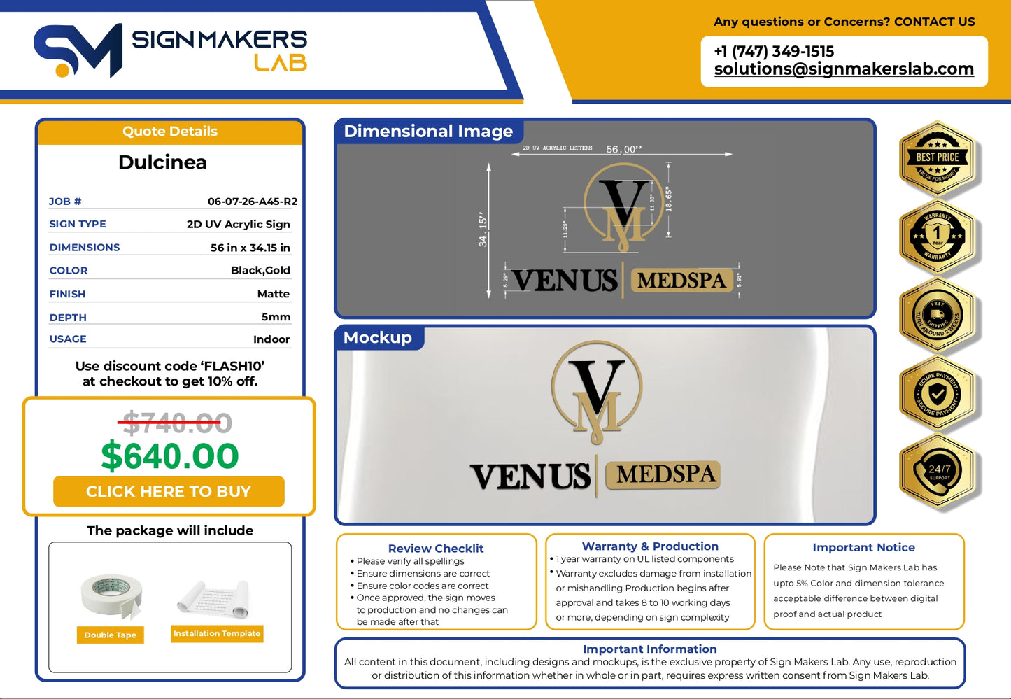 2D Acrylic Letters-Venus MedSpa-Black & Gold