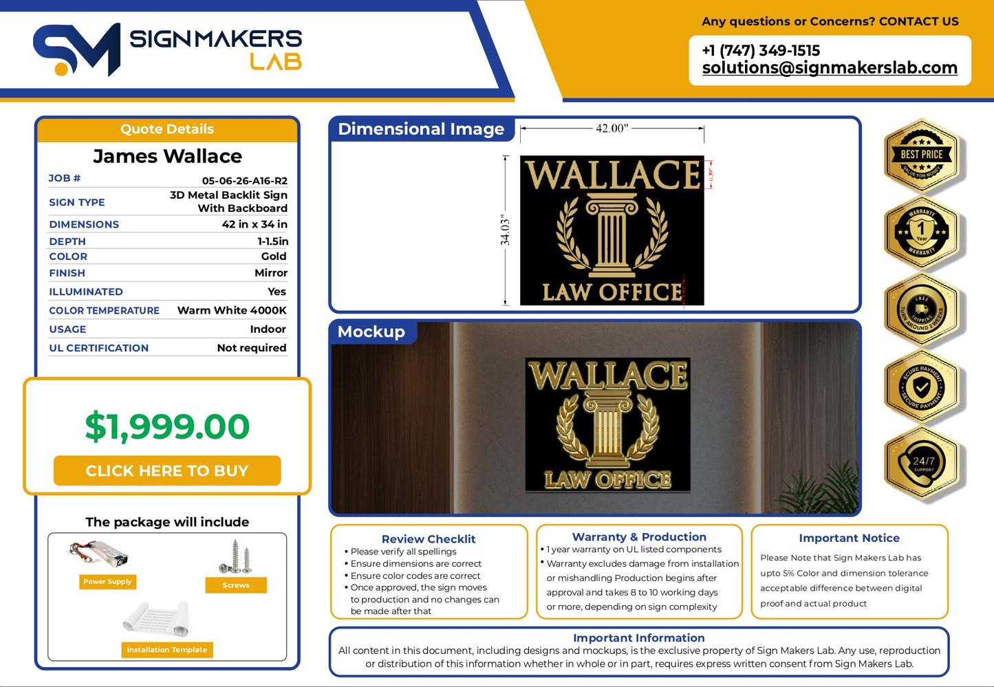 3D Metal Back-lit Sign with Acrylic Backboard-Wallace Law Office-42x34"
