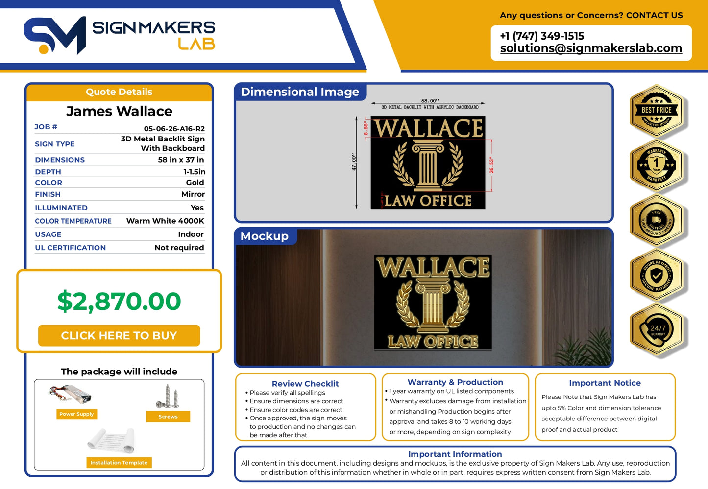 3D Metal Back-lit Sign with Acrylic Backboard-Wallace Law Office-58x37"