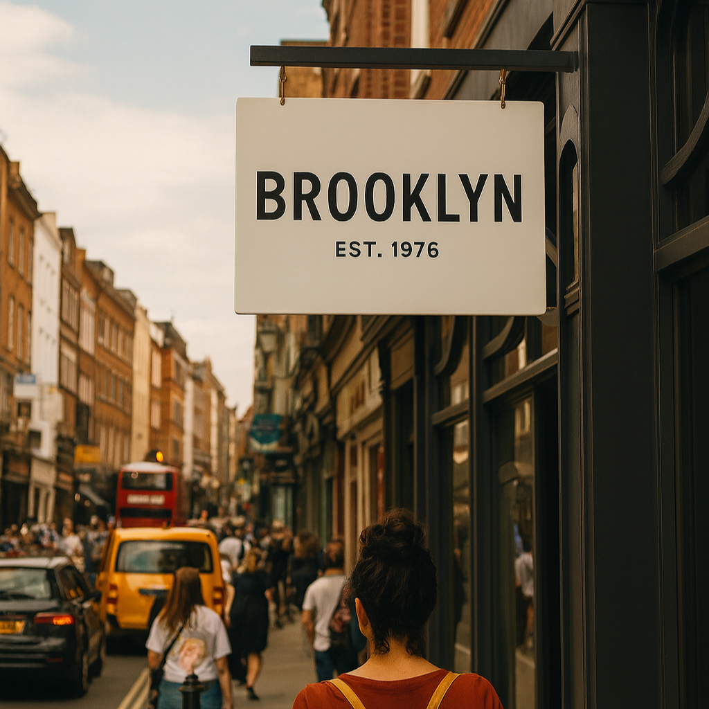 Street scene in Brooklyn with a sign indicating the area, people walking, and buildings.