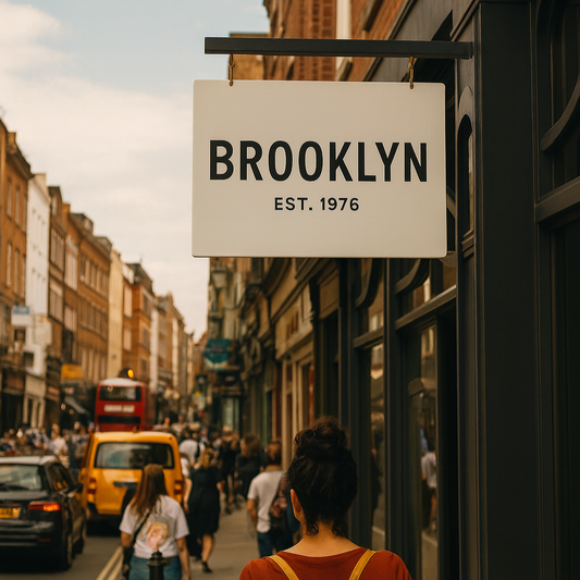 Street scene in Brooklyn with a sign indicating the area, people walking, and buildings.