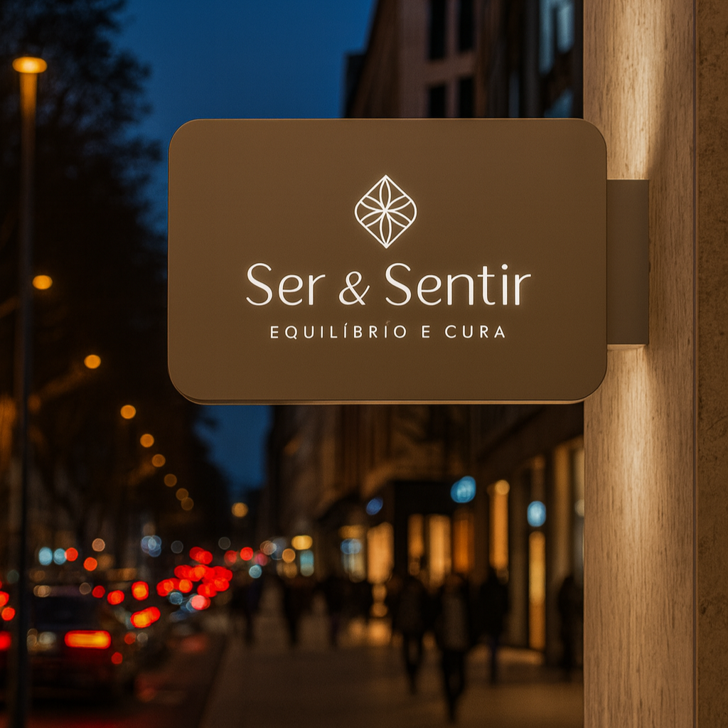 Ser & Sentir sign on a city street at night