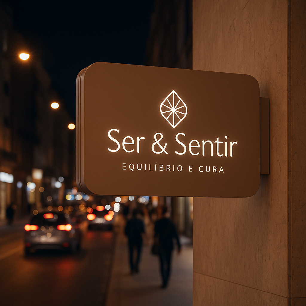 Signboard with 'Ser & Sentir' logo on a blurred city street at night.